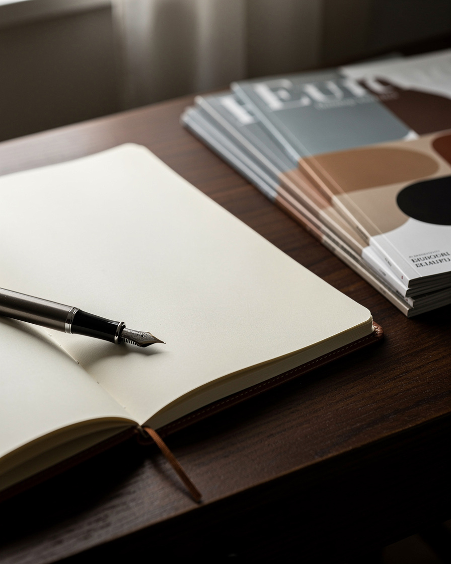Open notebook and fountain pen beside cultural magazines on a wooden desk