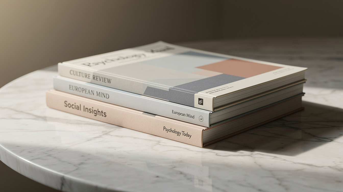 Stack of European cultural magazines and journals on a marble table