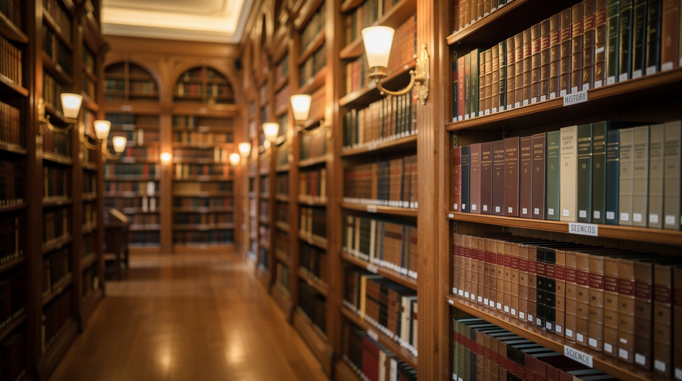 Rows of books on tall wooden shelves in a quiet academic library
